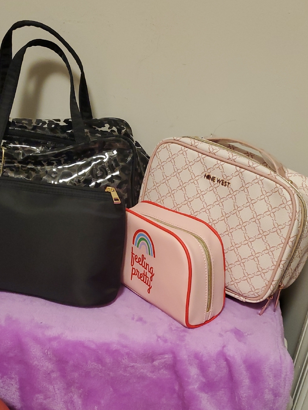 Nine West Cream & Pink Printed Cosmetic Bag + Leopard + Feeling Pretty Bundle 4.